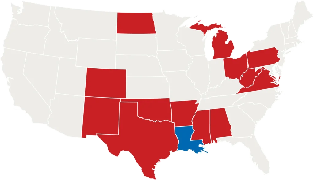 Map of United States with selected states
